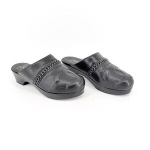 Chanel Black Leather CC Chain Mule Slip On Clogs Flats Size 36 US 5–5.5 Women's